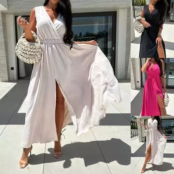 Женское длинное платье макси в стиле бохо, женский летний пляжный праздничный сарафан с V-образным вырезом и разрезом S чёрный