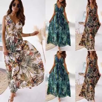Женское длинное платье макси в стиле бохо с цветочным принтом и V-образным вырезом, женский летний пляжный сарафан-качели XXL