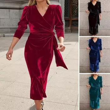 Женское длинное платье-миди с V-образным вырезом и длинными рукавами, однотонное, с бретельками на талии 2XL