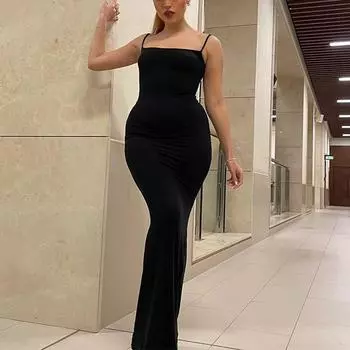 Женское длинное платье на бретельках, сексуальное, тонкое, облегающее, для вечеринки, клуба, повседневные платья на подтяжках XS чёрный