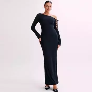 Женское длинное платье, однотонное, с диагональным вырезом, с открытыми плечами, модное, облегающее, с запахом, на бедрах S чёрный