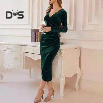 Женское длинное платье, осень-зима, сексуальное, с v-образным вырезом, тонкой талией, с запахом бедра, винтажное однотонное женское вечерние платье миди с длинными рукавами L темно-зеленого
