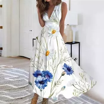 Женское длинное платье Платье макси Повседневное платье Свободное платье Платье трапециевидной формы с цветочным принтом Мода Уличная одежда На открытом воздухе Повседневные с принтом для свиданий Платье без рукавов с V-образным вырезом L синий