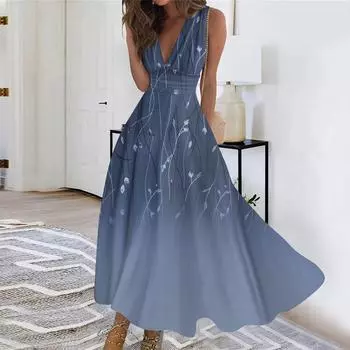 Женское длинное платье Платье макси Повседневное платье Летнее повседневное платье без рукавов с v-образным вырезом в стиле бохо с талией в стиле ретро с принтом синий