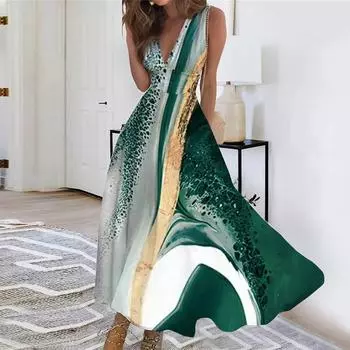 Женское длинное платье Платье макси Повседневное платье Свободное платье Платье трапециевидной формы с цветочным принтом Мода Уличная одежда На открытом воздухе Повседневные с принтом для свиданий Платье без рукавов с V-образным вырезом L