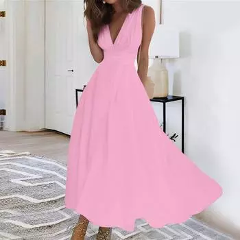 Женское длинное платье Платье макси Повседневное платье Свободное платье Платье трапециевидной формы с цветочным принтом Мода Уличная одежда На открытом воздухе Повседневные с принтом для свиданий Платье без рукавов с V-образным вырезом L розовый