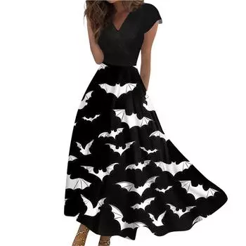 Женское длинное платье Платье макси Повседневное платье Повседневное платье с короткими рукавами и V-образным вырезом в стиле бохо на талии Хэллоуин с принтом L чёрный