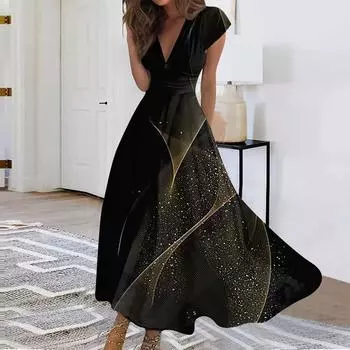 Женское длинное платье Платье макси Повседневное платье Шифоновые платья Свободное платье Повседневное платье для взрослых на открытом воздухе Повседневное платье с рюшами и коротким рукавом с v-образным вырезом L чёрный