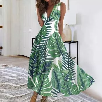 Женское длинное платье Платье макси Повседневное платье Свободное платье Платье трапециевидной формы с цветочным принтом Мода Уличная одежда На открытом воздухе Повседневные с принтом для свиданий Платье без рукавов с V-образным вырезом L