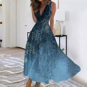 Женское длинное платье Платье макси Повседневное платье Свободное платье Платье трапециевидной формы Модная уличная одежда Платье без рукавов с v-образным вырезом и принтом даты L синий
