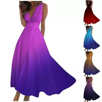 Женское длинное платье Платье макси Повседневное платье Летнее повседневное платье без рукавов с v-образным вырезом в стиле бохо с талией и принтом L синий