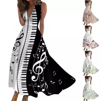 Женское длинное платье Платье макси Повседневное платье Летнее повседневное платье без рукавов с v-образным вырезом в стиле бохо с талией и принтом L зелёный