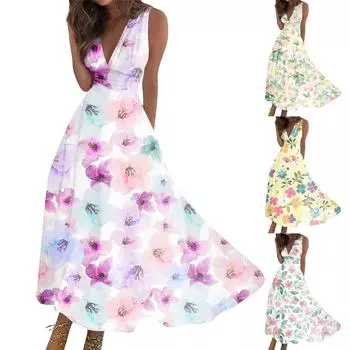 Женское длинное платье Платье макси Повседневное платье Летнее повседневное платье без рукавов с v-образным вырезом в стиле бохо с талией и принтом L
