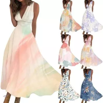 Женское длинное платье Платье макси Повседневное платье Летнее повседневное платье без рукавов с v-образным вырезом в стиле бохо с талией и принтом L бежевый