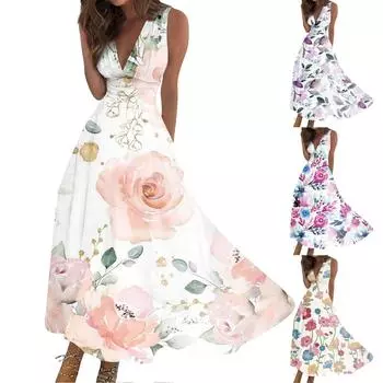 Женское длинное платье Платье макси Повседневное платье Летнее повседневное платье без рукавов с v-образным вырезом в стиле бохо с талией и принтом S
