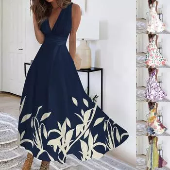 Женское длинное платье Платье макси Повседневное платье Летнее повседневное платье без рукавов с v-образным вырезом в стиле бохо с талией и принтом L тёмно-синий