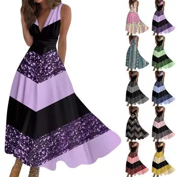 Женское длинное платье Платье макси Повседневное платье Летнее повседневное платье без рукавов с v-образным вырезом в стиле бохо с талией в стиле ретро с принтом L чёрный