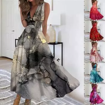 Женское длинное платье Платье макси Повседневное платье Летнее повседневное платье без рукавов с v-образным вырезом в стиле бохо с талией и принтом L чёрный