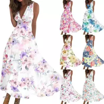 Женское длинное платье Платье макси Повседневное платье Летнее повседневное платье без рукавов с v-образным вырезом в стиле бохо с талией и принтом L синий