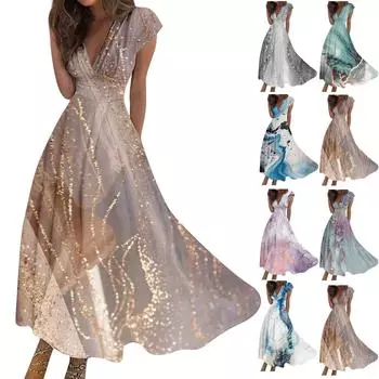 Женское длинное платье Платье макси Повседневное платье Шифоновые платья Свободное платье Повседневное платье для взрослых на открытом воздухе Повседневное платье с рюшами и коротким рукавом с v-образным вырезом L синий