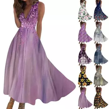 Женское длинное платье Платье макси Повседневное платье Летнее повседневное платье без рукавов с v-образным вырезом в стиле бохо с талией в стиле ретро с принтом L бронзовый