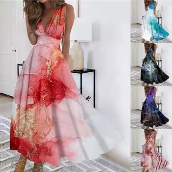 Женское длинное платье Платье макси Повседневное платье Летнее повседневное платье без рукавов с v-образным вырезом в стиле бохо с талией и принтом L чёрный