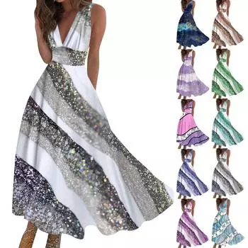 Женское длинное платье Платье макси Повседневное платье Летнее повседневное платье без рукавов с v-образным вырезом в стиле бохо с талией в стиле ретро с принтом L синий