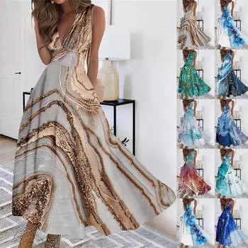 Женское длинное платье Платье макси Повседневное платье Летнее повседневное платье без рукавов с V-образным вырезом в стиле бохо и талией с принтом M синий
