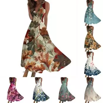 Женское длинное платье Платье макси Повседневное платье Свободное платье Платье трапециевидной формы Модная уличная одежда Платье без рукавов с v-образным вырезом и принтом даты XXXL бежевый