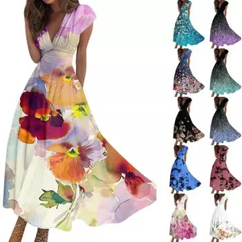 Женское длинное платье Платье макси Повседневное платье Шифоновые платья Свободное платье Повседневное платье для взрослых на открытом воздухе Повседневное платье с рюшами и коротким рукавом с v-образным вырезом XL