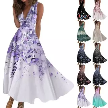 Женское длинное платье Платье макси Повседневное платье Летнее повседневное платье без рукавов с v-образным вырезом в стиле бохо с талией в стиле ретро с принтом L чёрный