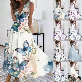 Женское длинное платье Платье макси Повседневное платье Свободное платье Платье трапециевидной формы с цветочным принтом Мода Уличная одежда На открытом воздухе Повседневные с принтом для свиданий Платье без рукавов с V-образным вырезом L чёрный