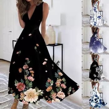 Женское длинное платье Платье макси Повседневное платье Свободное платье Платье трапециевидной формы с цветочным принтом Мода Уличная одежда На открытом воздухе Повседневные с принтом для свиданий Платье без рукавов с V-образным вырезом L чёрный
