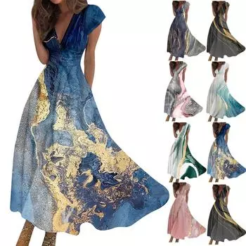 Женское длинное платье Платье макси Повседневное платье Шифоновые платья Свободное платье Повседневное платье для взрослых на открытом воздухе Повседневное платье с рюшами и коротким рукавом с v-образным вырезом L синий