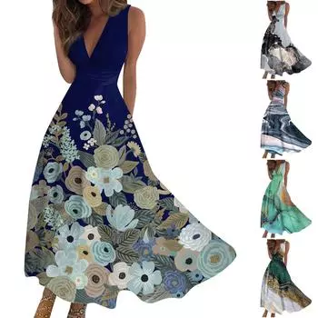 Женское длинное платье Платье макси Повседневное платье Летнее повседневное платье без рукавов с v-образным вырезом в стиле бохо с талией и принтом S