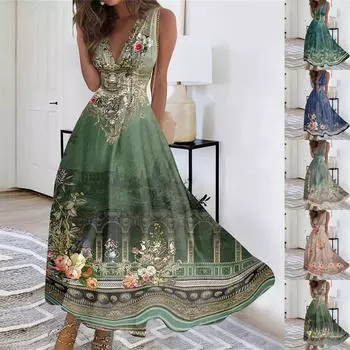 Женское длинное платье Платье макси Повседневное платье Летнее повседневное платье без рукавов с v-образным вырезом в стиле бохо с талией и цветочным принтом L