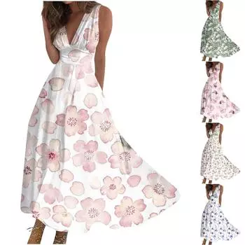 Женское длинное платье Платье макси Повседневное платье Летнее повседневное платье без рукавов с v-образным вырезом в стиле бохо с талией и принтом XL синий