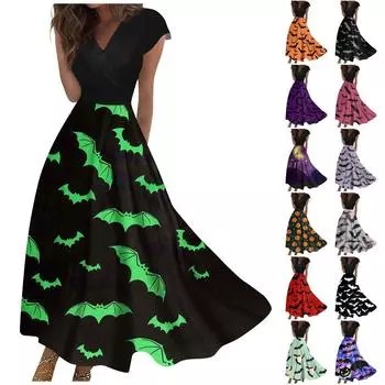 Женское длинное платье Платье макси Повседневное платье Повседневное платье с короткими рукавами и V-образным вырезом в стиле бохо на талии Хэллоуин с принтом S