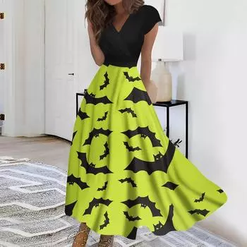 Женское длинное платье Платье макси Повседневное платье Повседневное платье с короткими рукавами и V-образным вырезом в стиле бохо на талии Хэллоуин с принтом XXXL