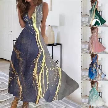 Женское длинное платье Платье макси Повседневное платье Свободное платье Платье трапециевидной формы с цветочным принтом Мода Уличная одежда На открытом воздухе Повседневные с принтом для свиданий Платье без рукавов с V-образным вырезом L розовый