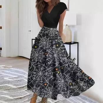 Женское длинное платье Платье макси Повседневное платье Повседневное платье с короткими рукавами и V-образным вырезом в стиле бохо на талии Хэллоуин с принтом XXXL