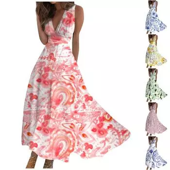 Женское длинное платье Платье макси Повседневное платье Летнее повседневное платье без рукавов с v-образным вырезом в стиле бохо с талией и принтом L синий