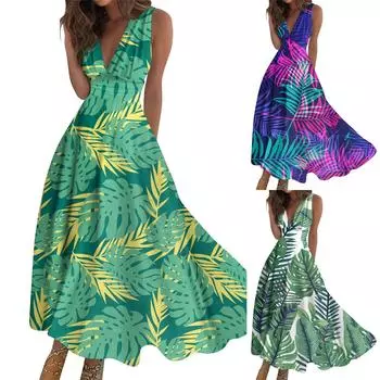 Женское длинное платье Платье макси Повседневное платье Свободное платье Платье трапециевидной формы с цветочным принтом Мода Уличная одежда На открытом воздухе Повседневные с принтом для свиданий Платье без рукавов с V-образным вырезом L