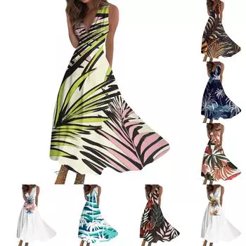 Женское длинное платье Платье макси Повседневное платье Свободное платье Платье трапециевидной формы Модная уличная одежда Платье без рукавов с v-образным вырезом и принтом даты L