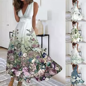Женское длинное платье Платье макси Повседневное платье Летнее повседневное платье без рукавов с v-образным вырезом в стиле бохо с талией и принтом S тёмно-синий