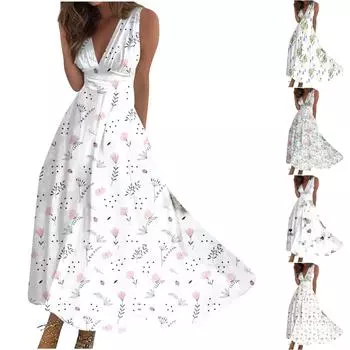 Женское длинное платье Платье макси Повседневное платье Летнее повседневное платье без рукавов с v-образным вырезом в стиле бохо с талией и принтом XL