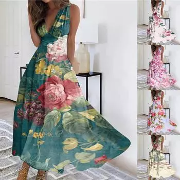 Женское длинное платье Платье макси Повседневное платье Летнее повседневное платье без рукавов с v-образным вырезом в стиле бохо с талией и принтом M
