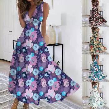 Женское длинное платье Платье макси Повседневное платье Летнее повседневное платье без рукавов с v-образным вырезом в стиле бохо с талией и принтом L белый