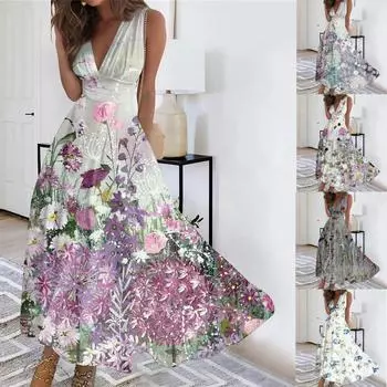 Женское длинное платье Платье макси Повседневное платье Свободное платье Платье трапециевидной формы с цветочным принтом Мода Уличная одежда На открытом воздухе Повседневные с принтом для свиданий Платье без рукавов с V-образным вырезом XXXL