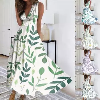 Женское длинное платье Платье макси Повседневное платье Летнее повседневное платье без рукавов с v-образным вырезом в стиле бохо с талией и принтом M синий